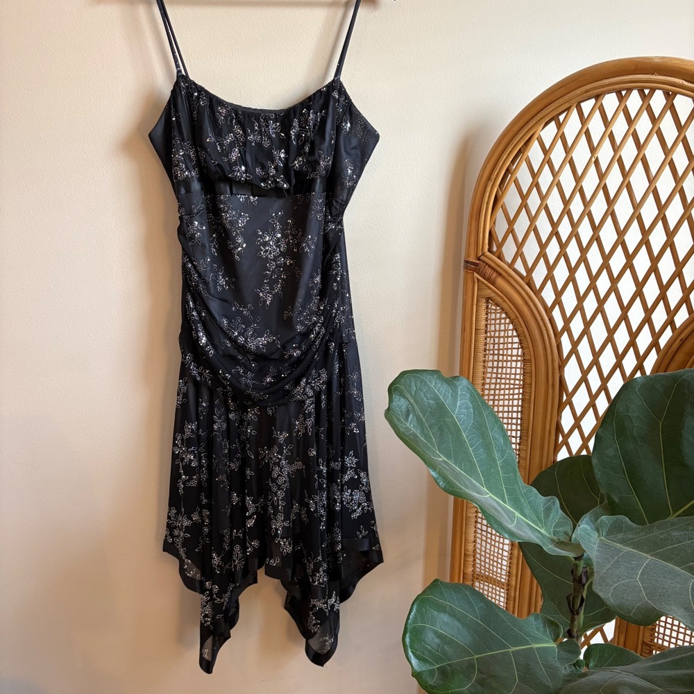 Vintage 1990's Womens Whimsygoth Glam Taboo Floral Sequin Ruffle Bow Black Dress